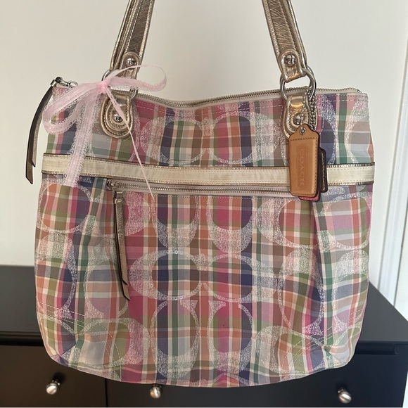 Coach Plaid Pastel Signature Tote with Gold Handles - Picture 2 of 8